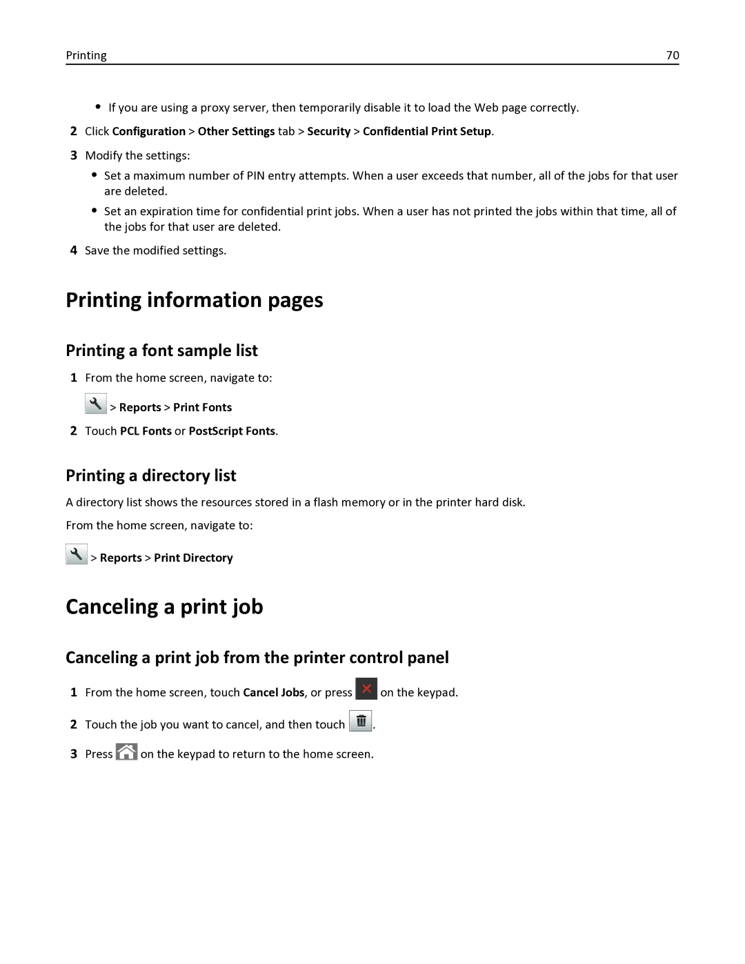 Lexmark 436 Printing information pages, Canceling a print job, Printing a font sample list, Printing a directory list 