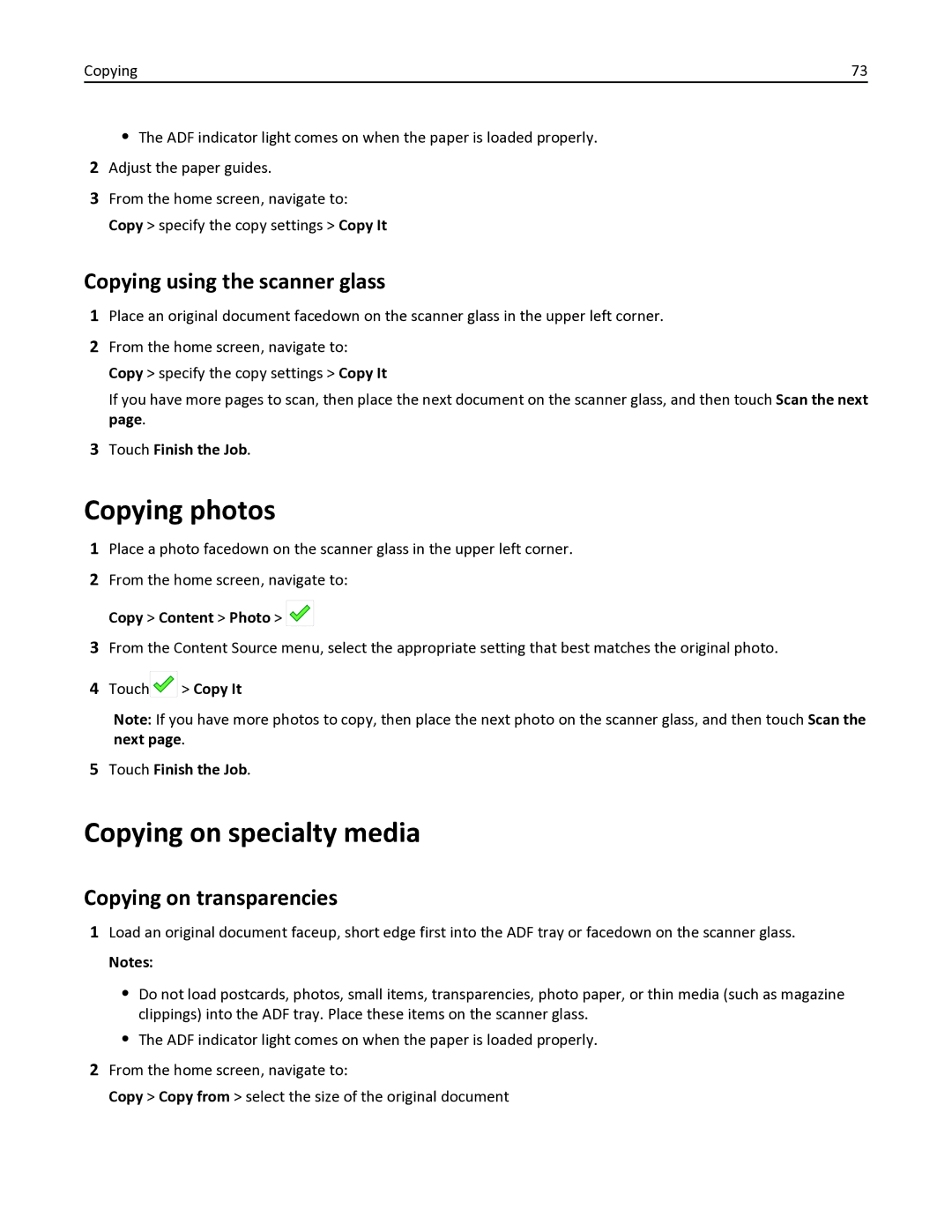 Lexmark 436 manual Copying photos, Copying on specialty media, Copying using the scanner glass, Copying on transparencies 