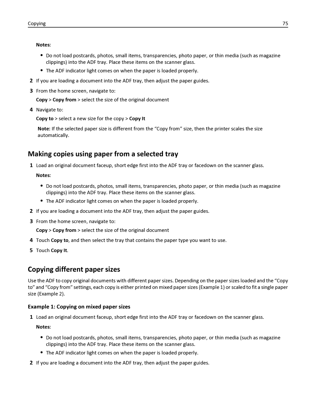 Lexmark 436 manual Making copies using paper from a selected tray, Copying different paper sizes 