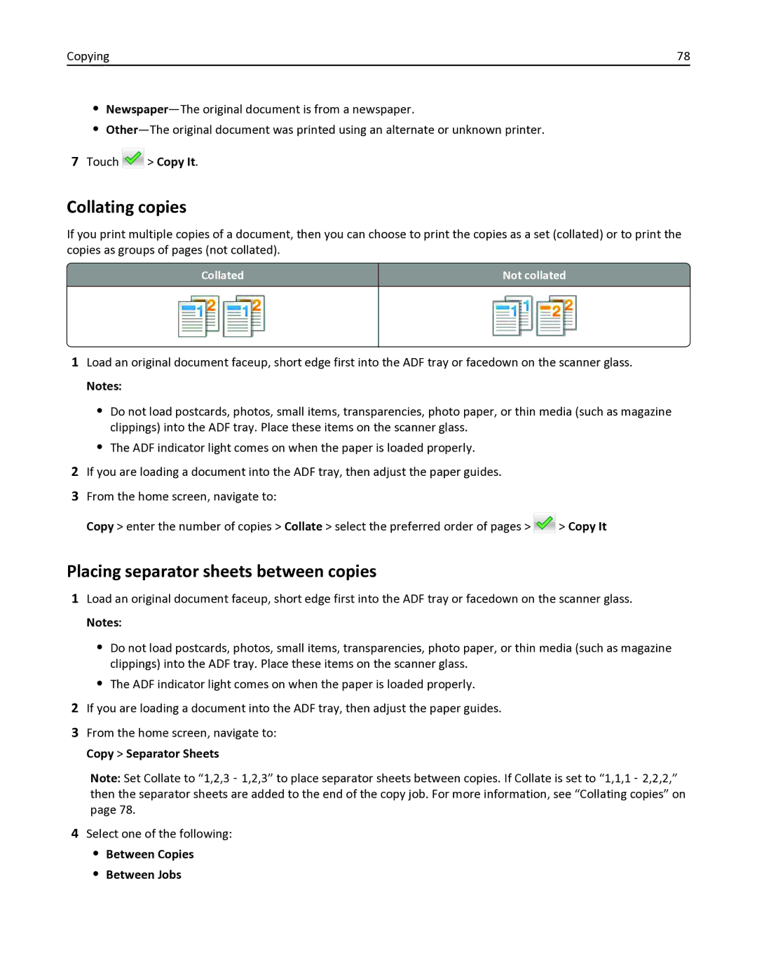 Lexmark 436 Collating copies, Placing separator sheets between copies, Between Copies Between Jobs, Collated Not collated 