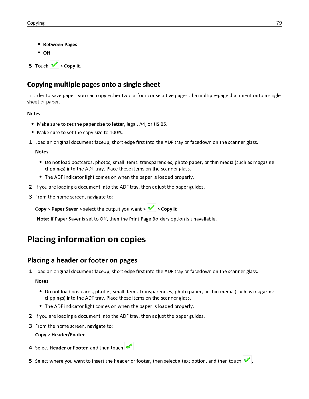 Lexmark 436 Placing information on copies, Copying multiple pages onto a single sheet, Placing a header or footer on pages 