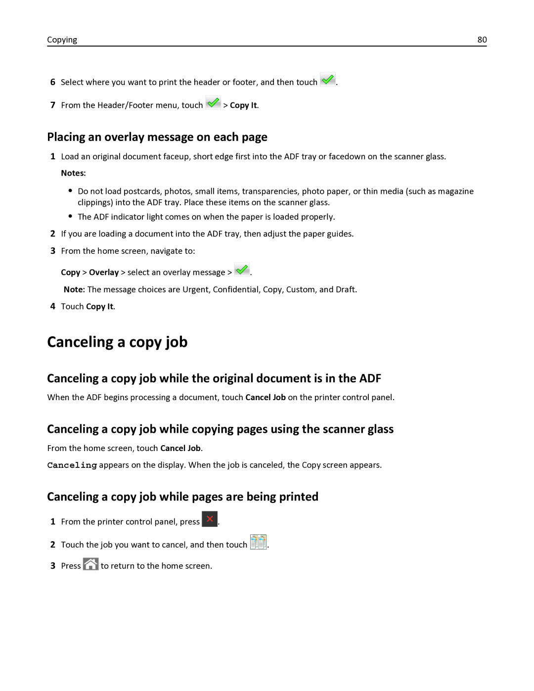 Lexmark 436 manual Placing an overlay message on each, Canceling a copy job while pages are being printed 