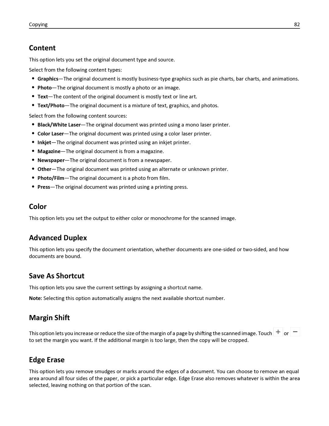 Lexmark 436 manual Content, Color, Advanced Duplex, Save As Shortcut, Margin Shift, Edge Erase 