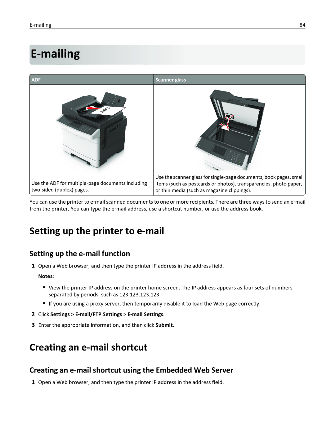 Lexmark 436 manual Mailing, Setting up the printer to e-mail, Creating an e-mail shortcut, Setting up the e-mail function 