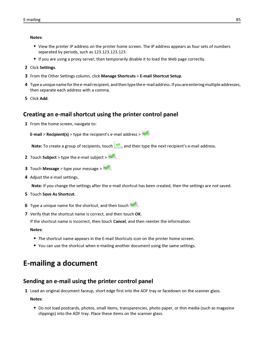 Lexmark 436 manual Mailing a document, Creating an e-mail shortcut using the printer control panel, Click Settings 