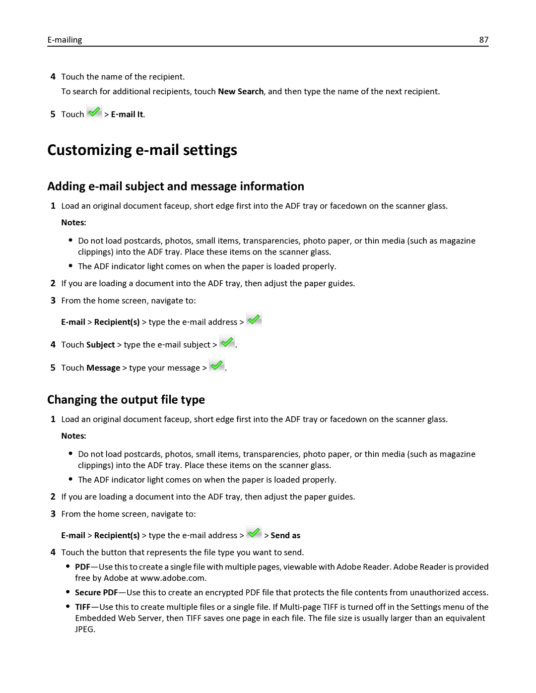 Lexmark 436 Customizing e-mail settings, Adding e-mail subject and message information, Changing the output file type 