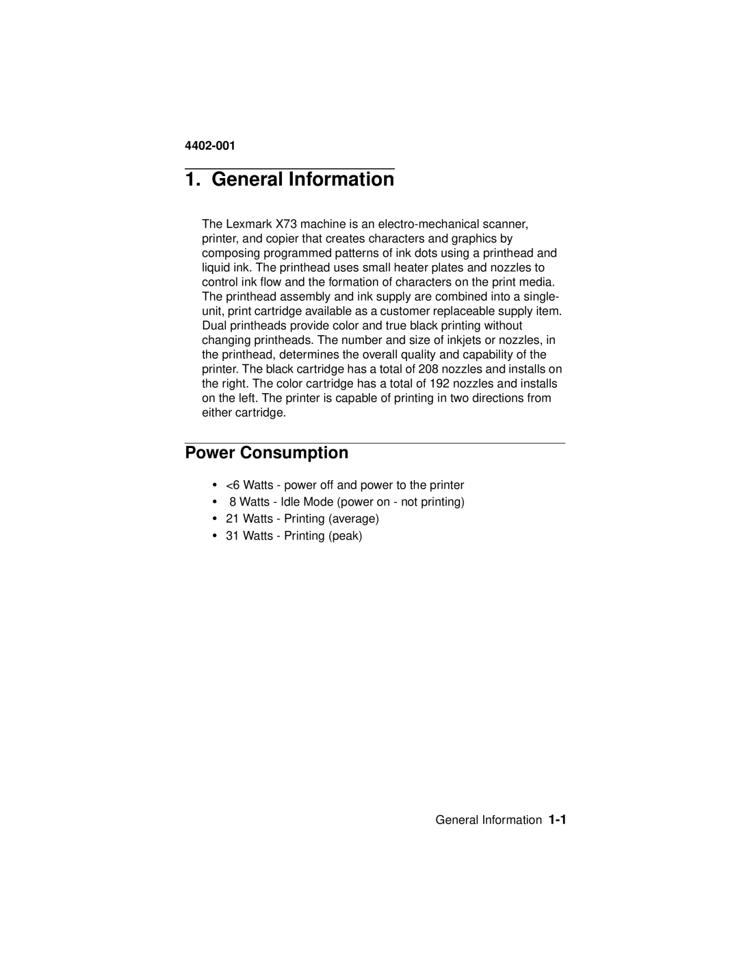 Lexmark 4402-001 manual General Information, Power Consumption 