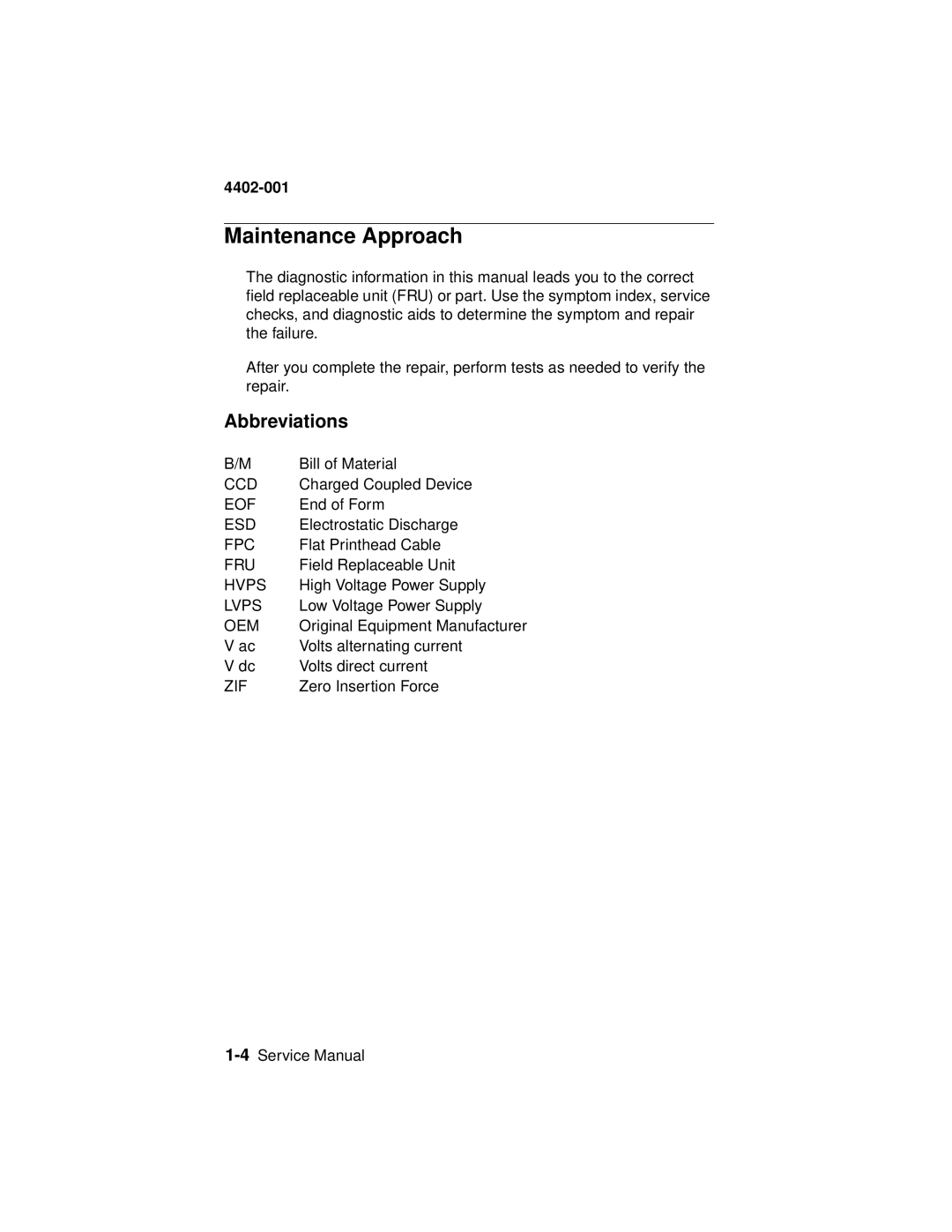 Lexmark 4402-001 manual Maintenance Approach, Abbreviations 