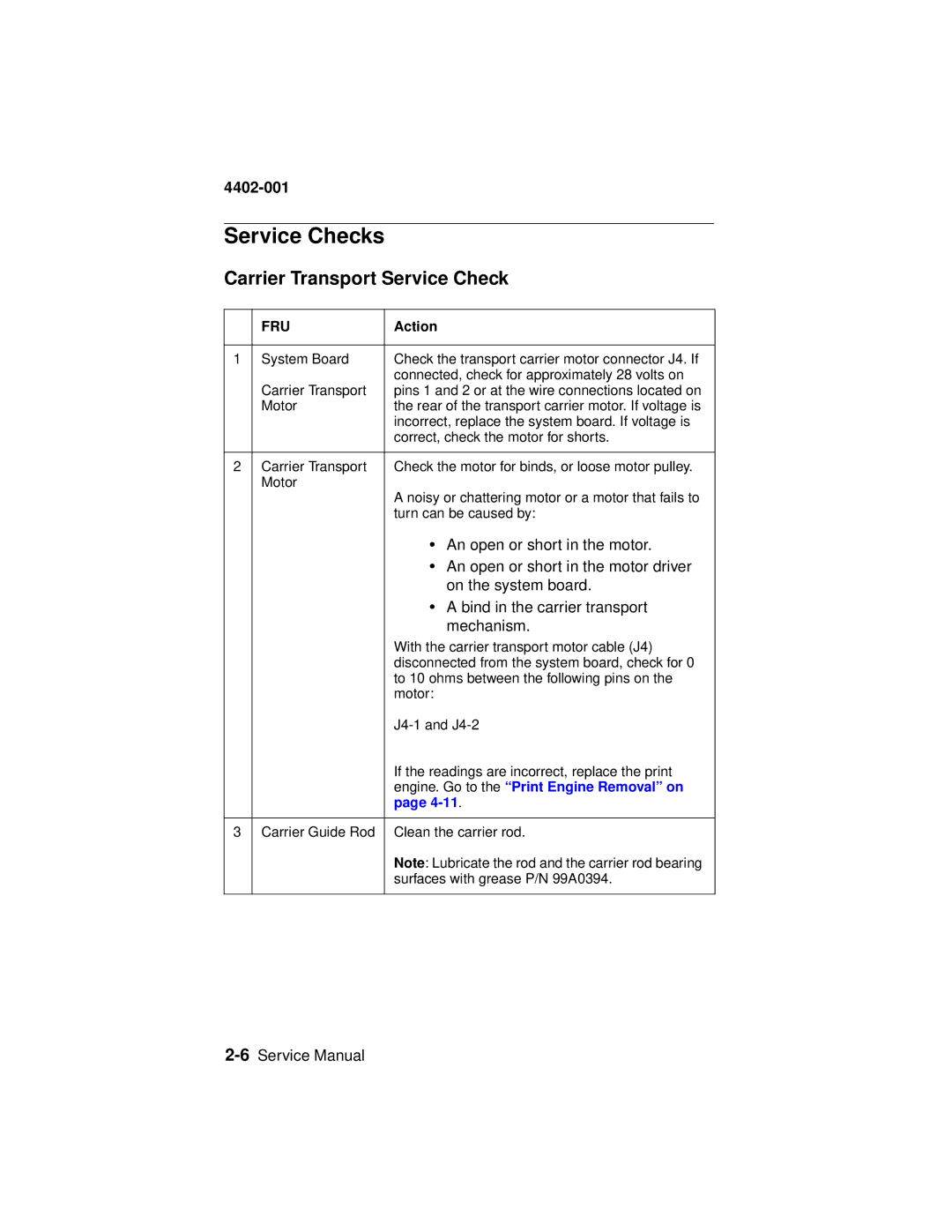 Lexmark 4402-001 manual Service Checks, Carrier Transport Service Check, Engine. Go to the Print Engine Removal on 