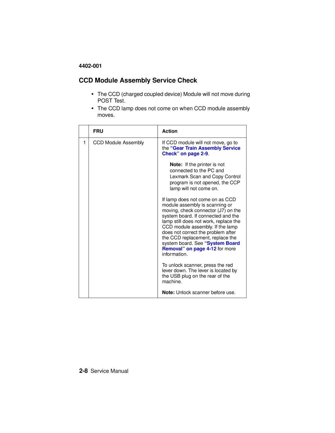 Lexmark 4402-001 manual CCD Module Assembly Service Check, Gear Train Assembly Service, Removal on page 4-12 for more 