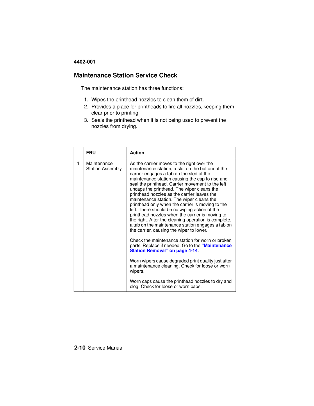 Lexmark 4402-001 manual Maintenance Station Service Check, Station Removal on 