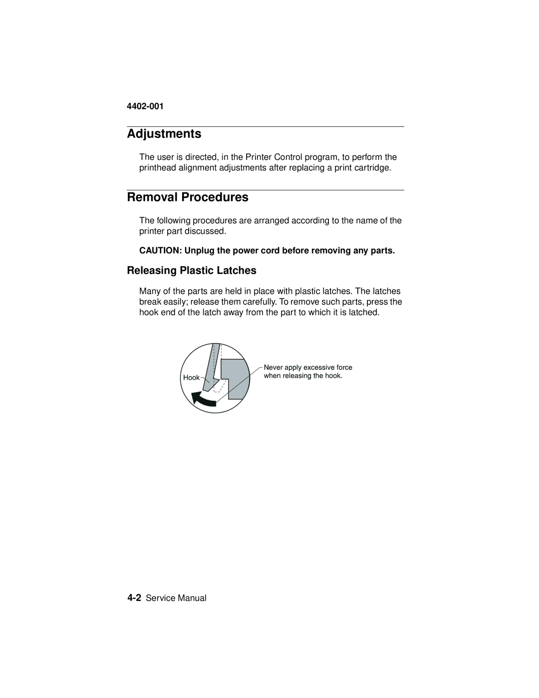 Lexmark 4402-001 manual Adjustments, Removal Procedures, Releasing Plastic Latches 