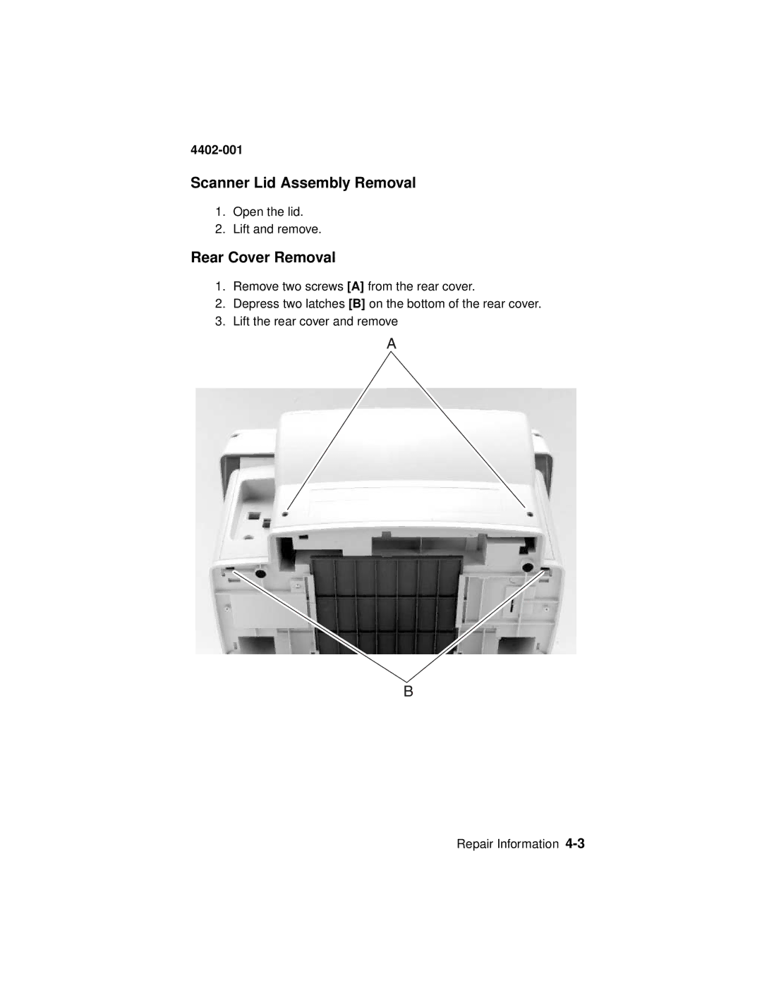 Lexmark 4402-001 manual Scanner Lid Assembly Removal, Rear Cover Removal 