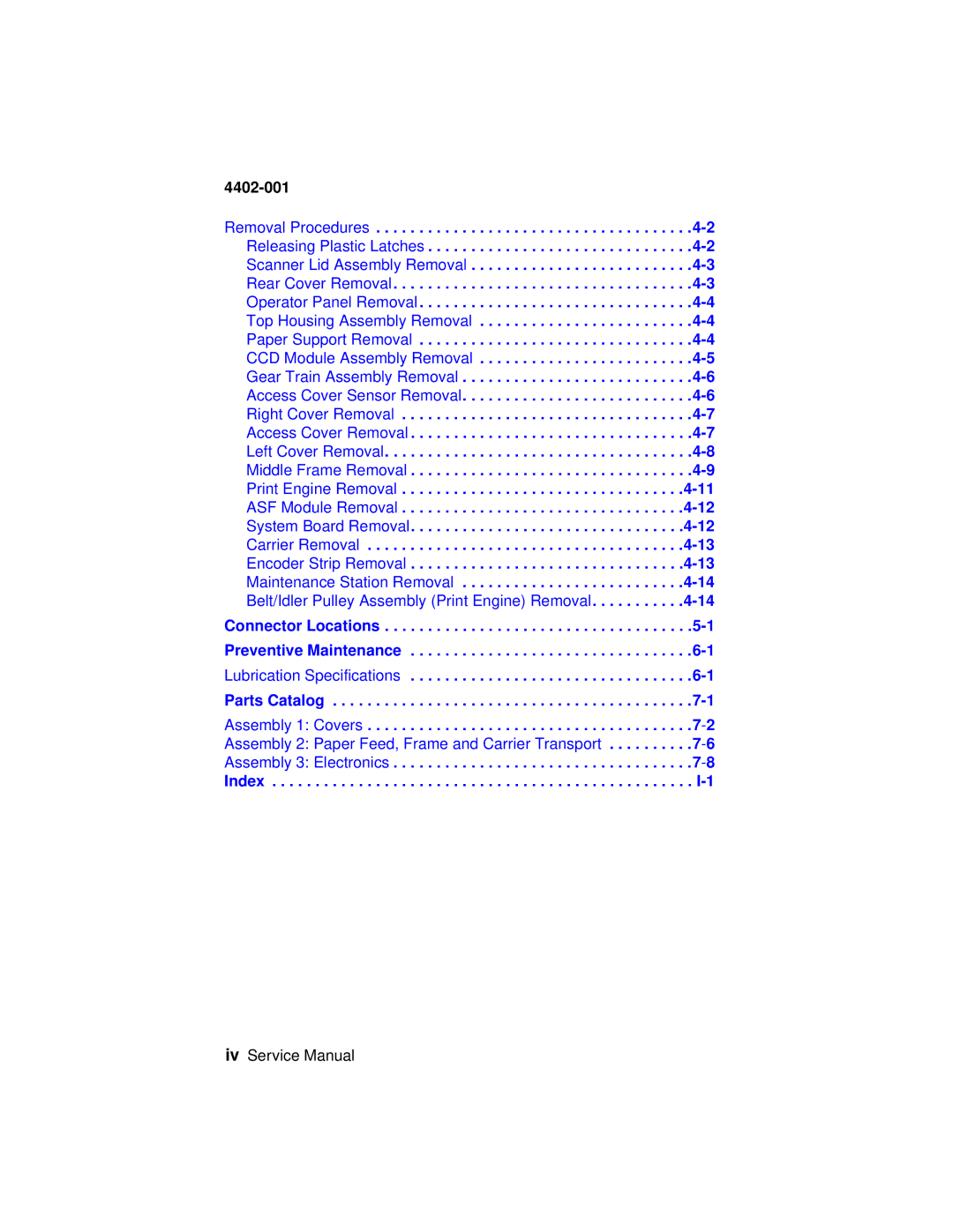 Lexmark 4402-001 manual Assembly 3 Electronics Index 