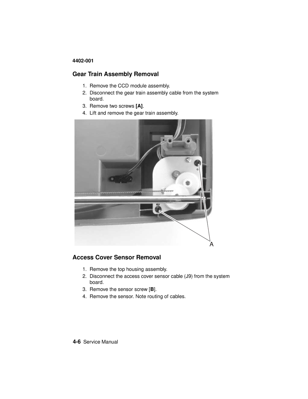 Lexmark 4402-001 manual Gear Train Assembly Removal, Access Cover Sensor Removal 