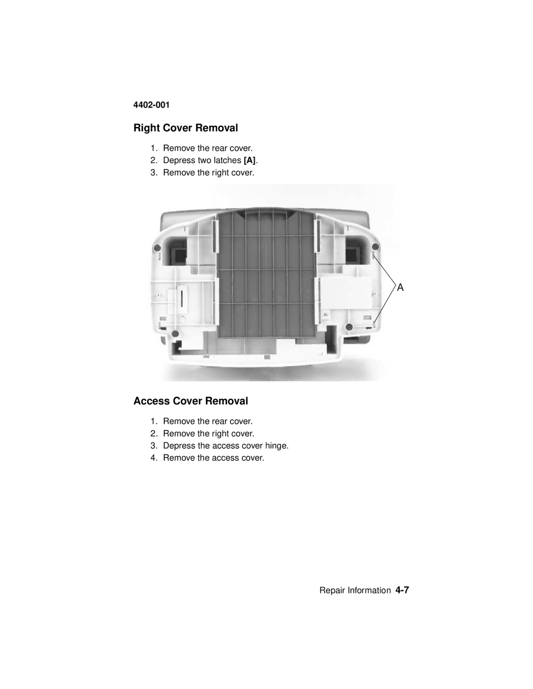 Lexmark 4402-001 manual Right Cover Removal, Access Cover Removal 