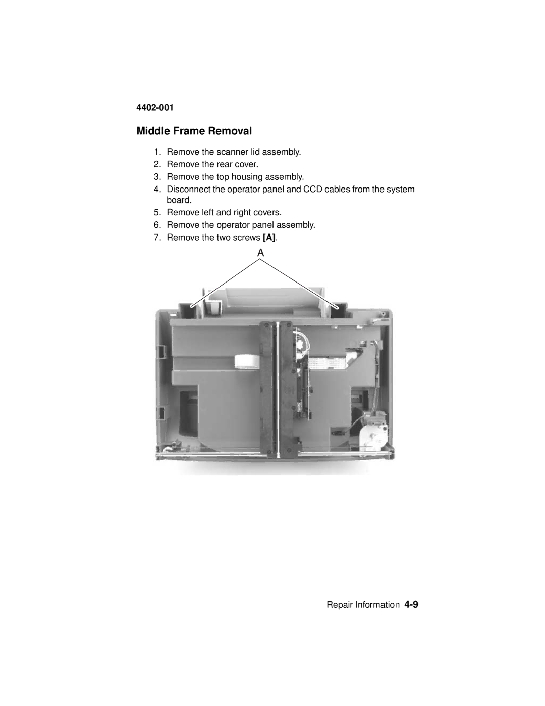 Lexmark 4402-001 manual Middle Frame Removal 