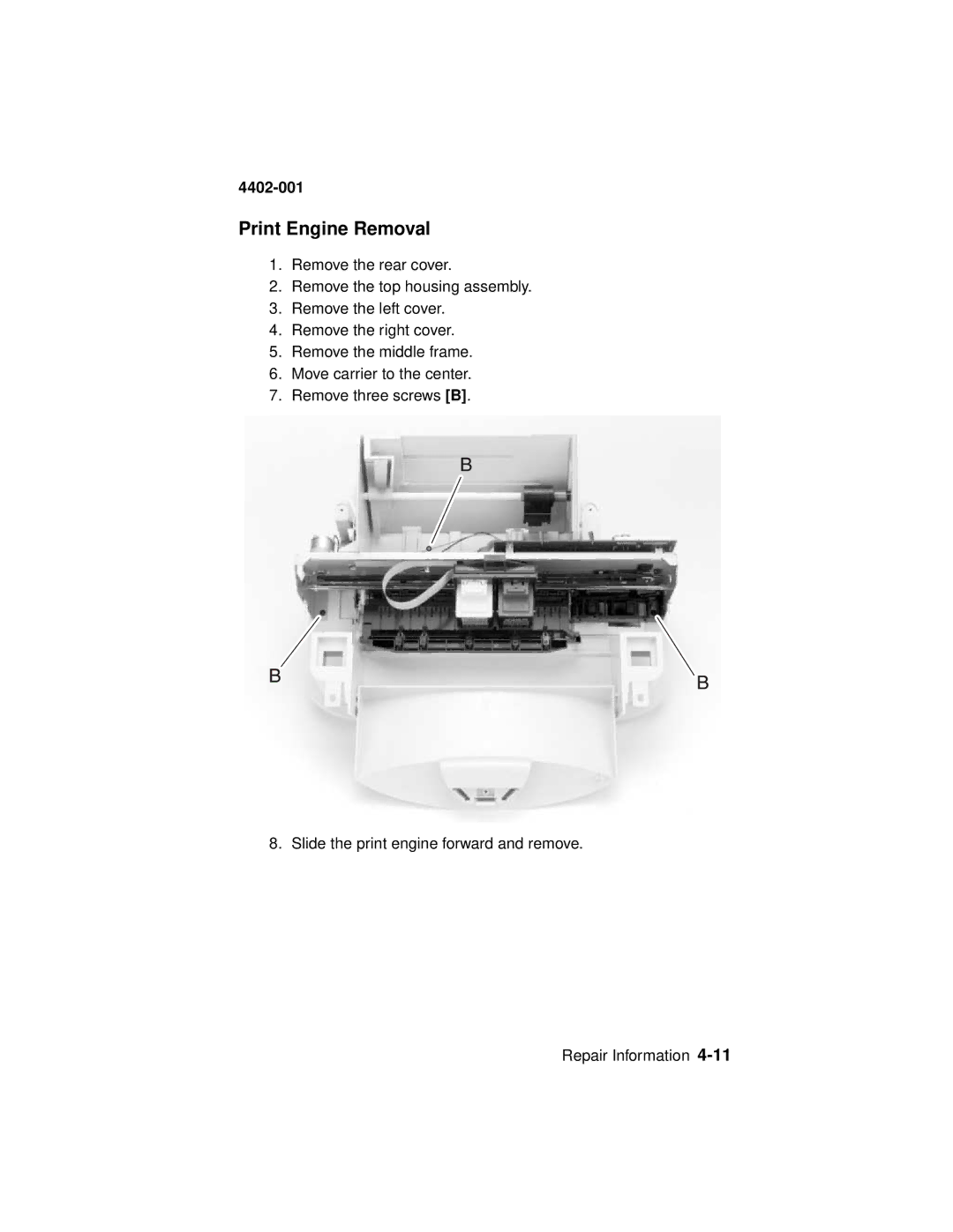 Lexmark 4402-001 manual Print Engine Removal 