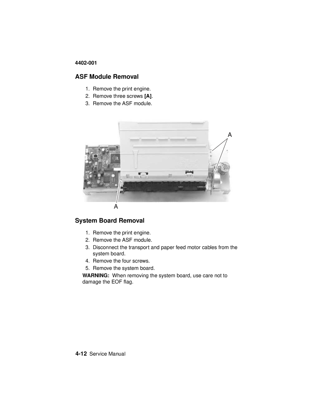 Lexmark 4402-001 manual ASF Module Removal, System Board Removal 