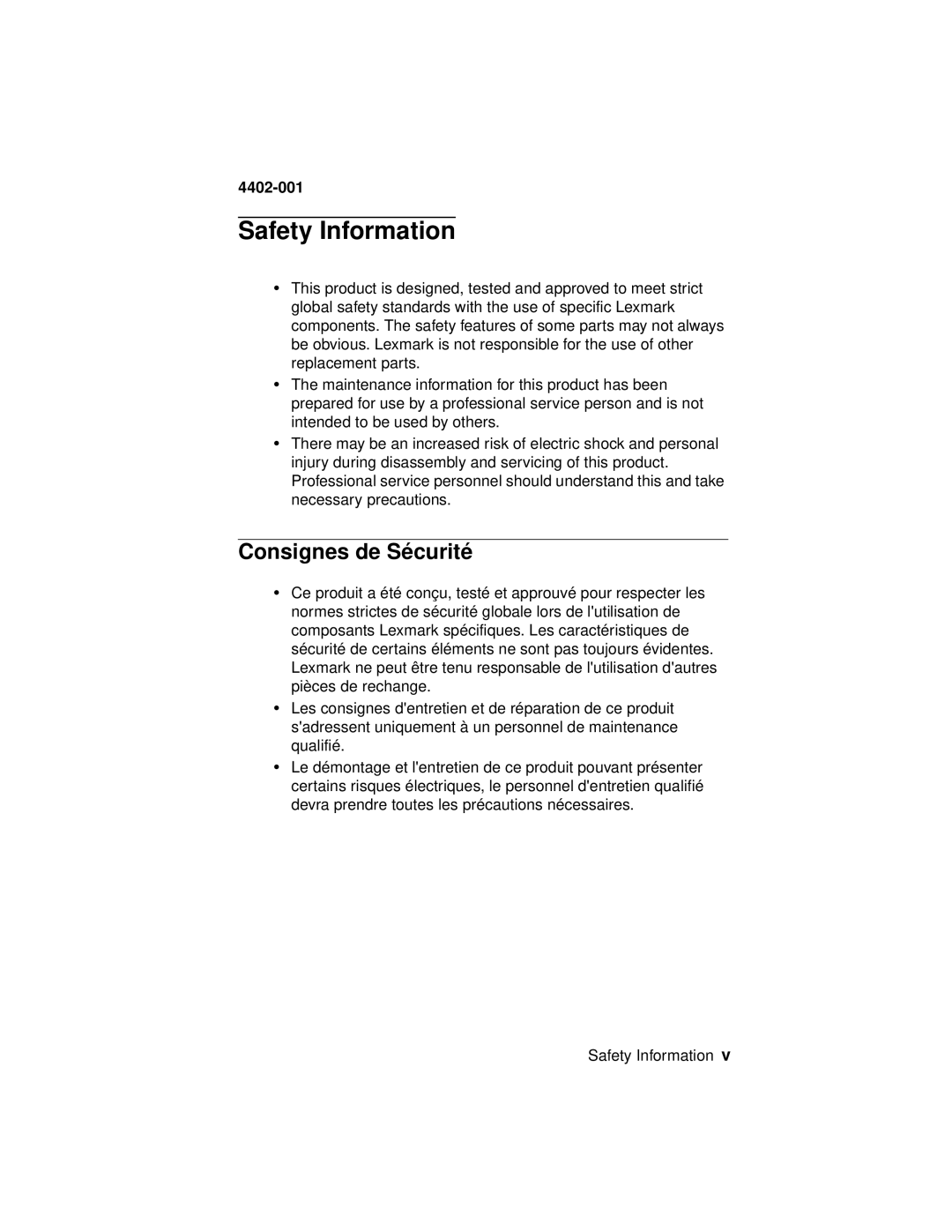 Lexmark 4402-001 manual Safety Information, Consignes de Sécurité 