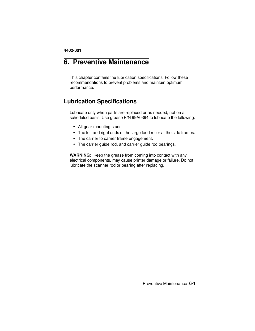 Lexmark 4402-001 manual Preventive Maintenance, Lubrication Specifications 