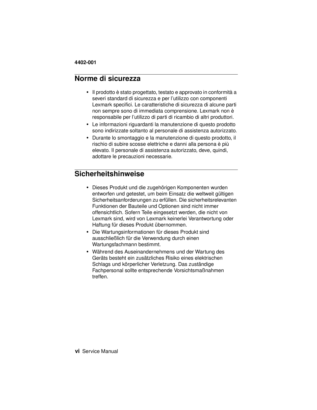 Lexmark 4402-001 manual Norme di sicurezza, Sicherheitshinweise 