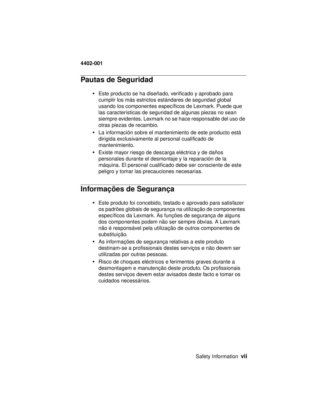 Lexmark 4402-001 manual Pautas de Seguridad, Informaçõ es de Seguranç a 