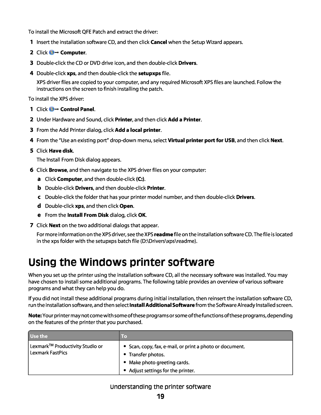 Lexmark 4445, 4433 manual Using the Windows printer software, Click  Computer, Click  Control Panel, Click Have disk 