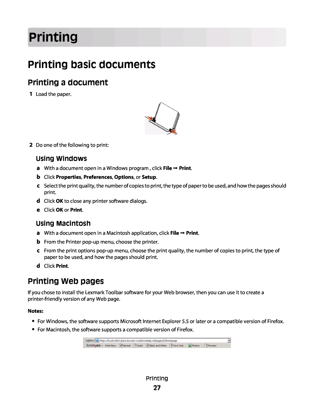 Lexmark 4445, 4433 Printing basic documents, Printing a document, Printing Web pages, Using Windows, Using Macintosh 