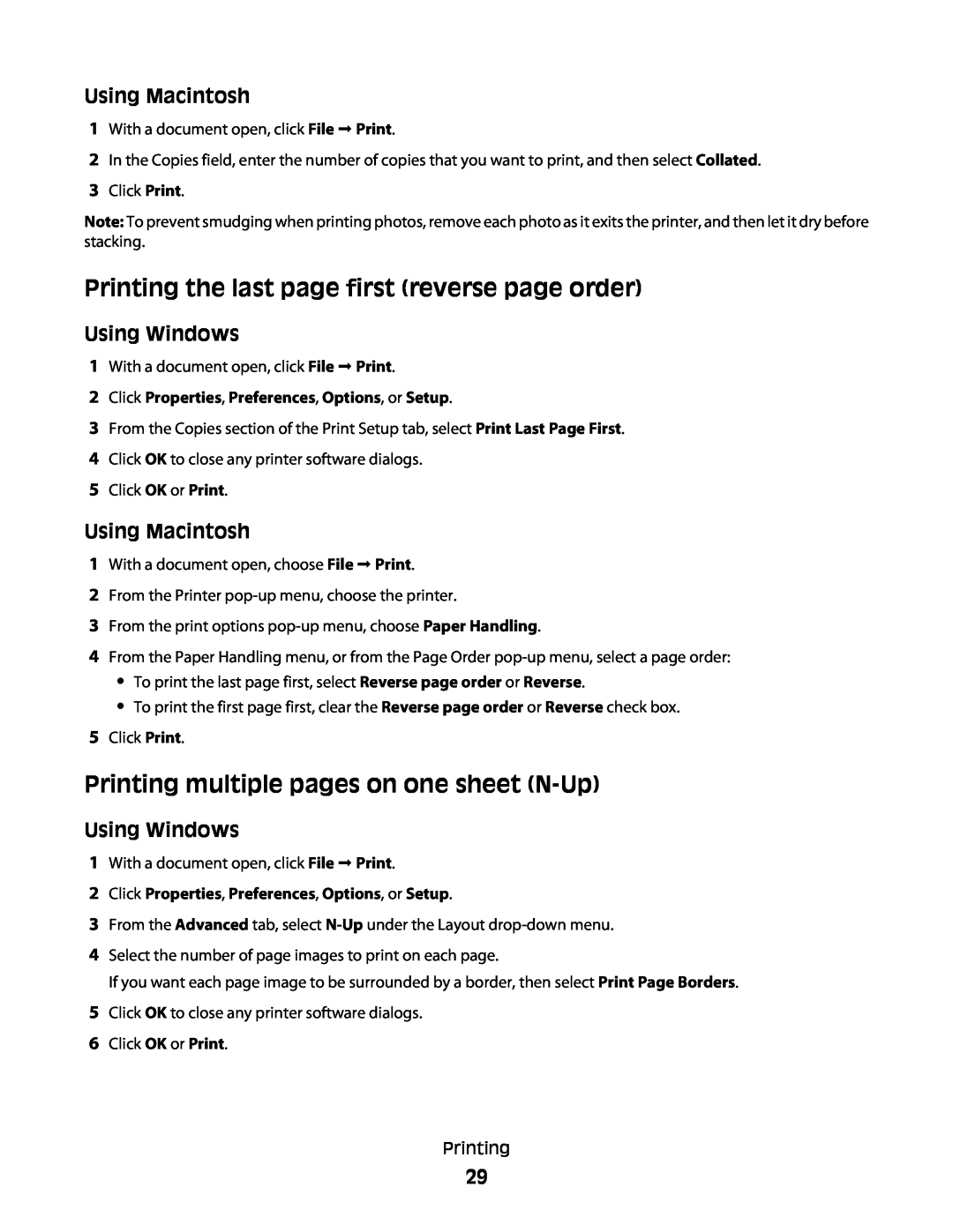 Lexmark 4445 Printing the last page first reverse page order, Printing multiple pages on one sheet N-Up, Using Macintosh 