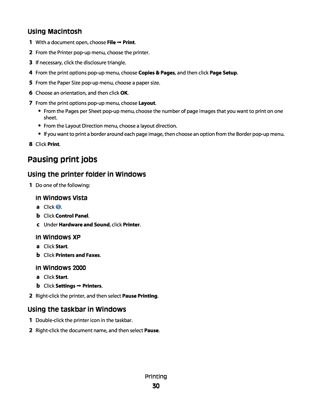 Lexmark 4433, 4445 manual Pausing print jobs, Using the printer folder in Windows, Using the taskbar in Windows, In Windows 