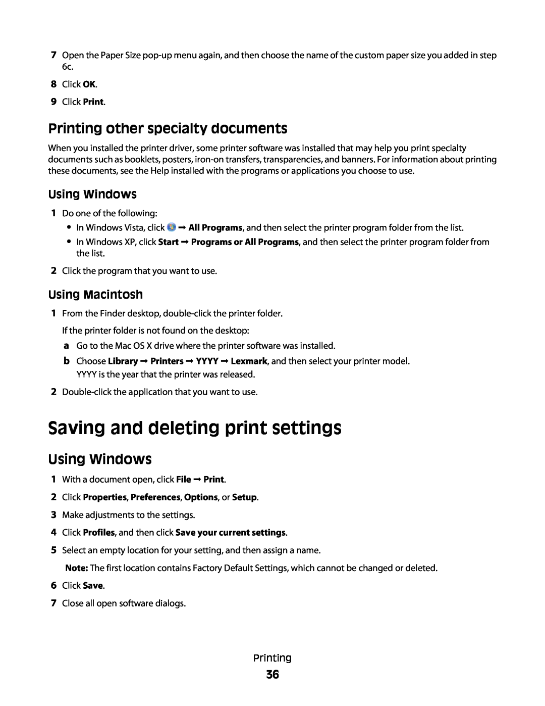 Lexmark 4433, 4445 Saving and deleting print settings, Printing other specialty documents, Using Windows, Using Macintosh 