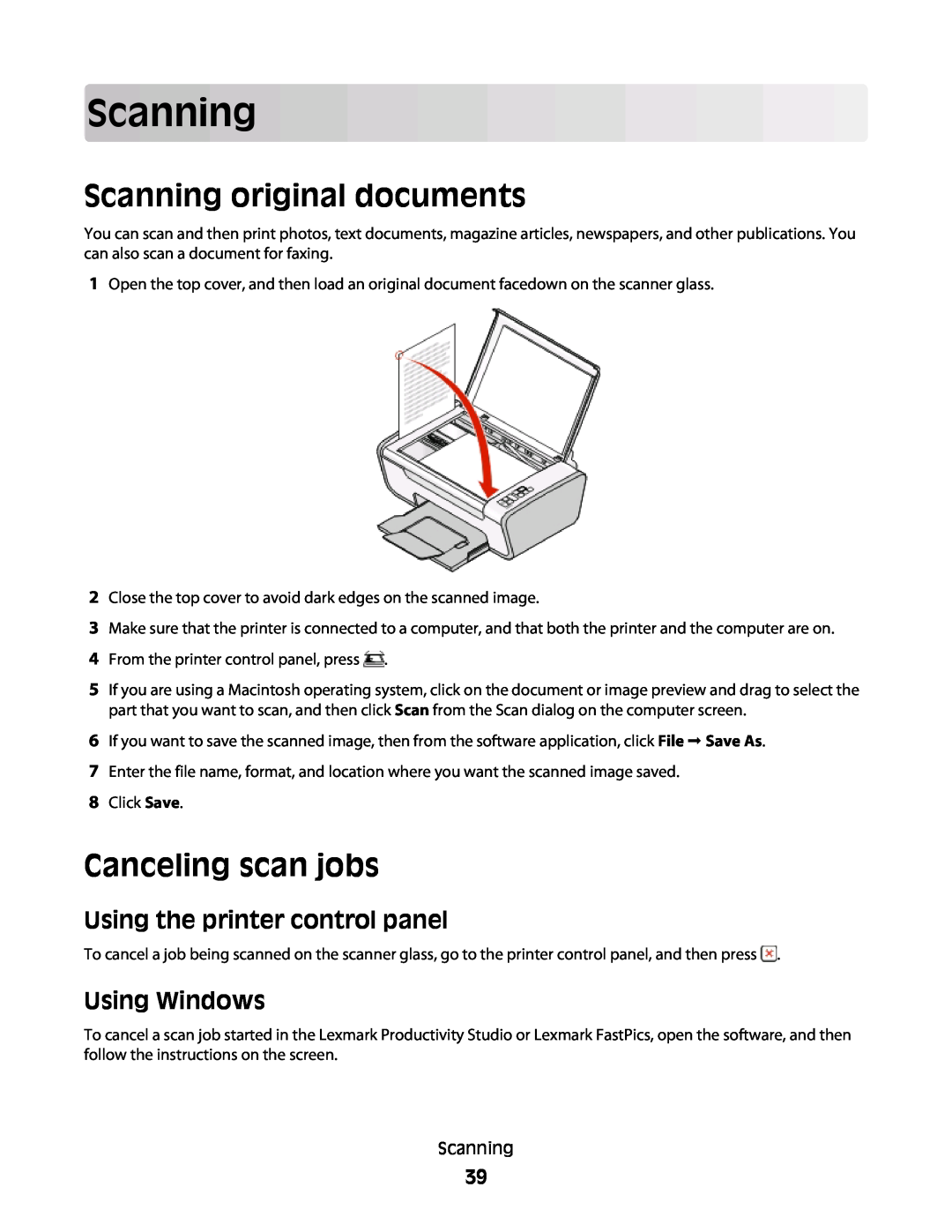 Lexmark 4445, 4433 Scanning original documents, Canceling scan jobs, Using the printer control panel, Using Windows 