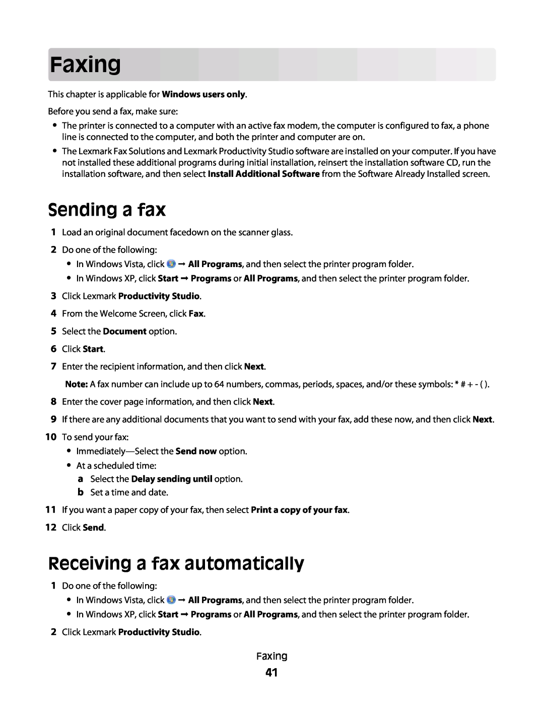 Lexmark 4445, 4433 manual Faxing, Sending a fax, Receiving a fax automatically, Click Lexmark Productivity Studio 