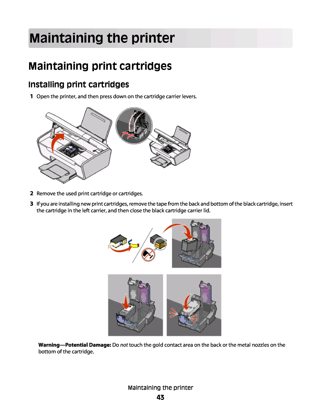 Lexmark 4445, 4433 manual Maintaining the printer, Maintaining print cartridges, Installing print cartridges 