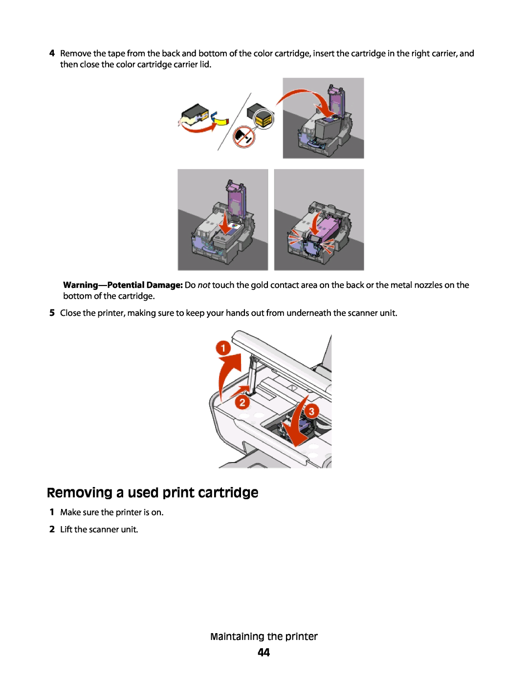 Lexmark 4433, 4445 manual Removing a used print cartridge 