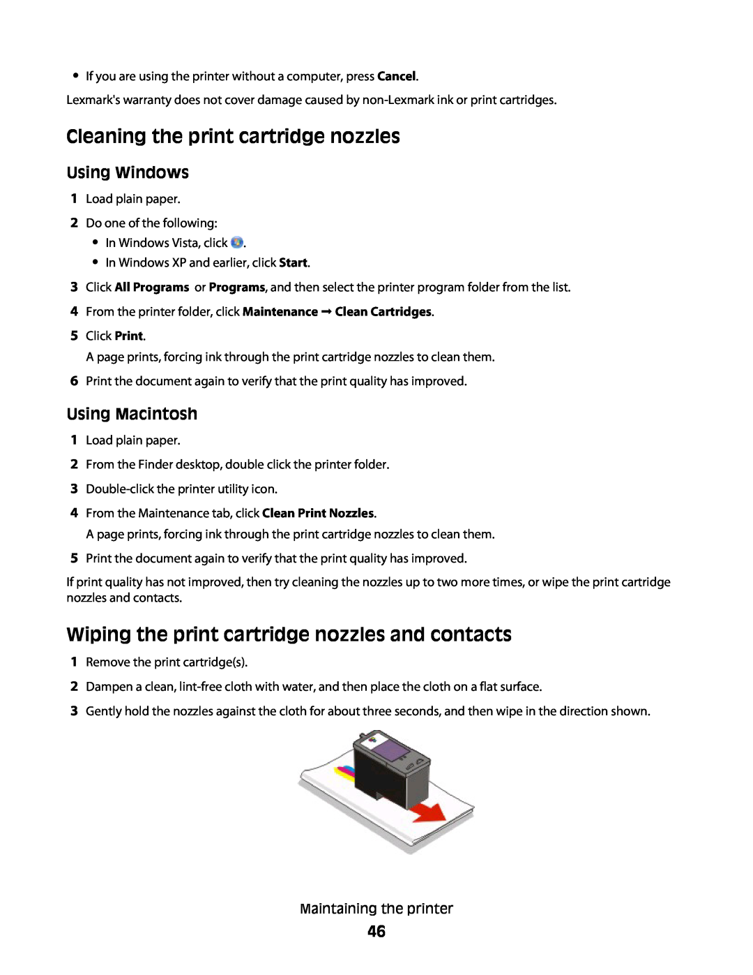 Lexmark 4433, 4445 Cleaning the print cartridge nozzles, Wiping the print cartridge nozzles and contacts, Using Windows 