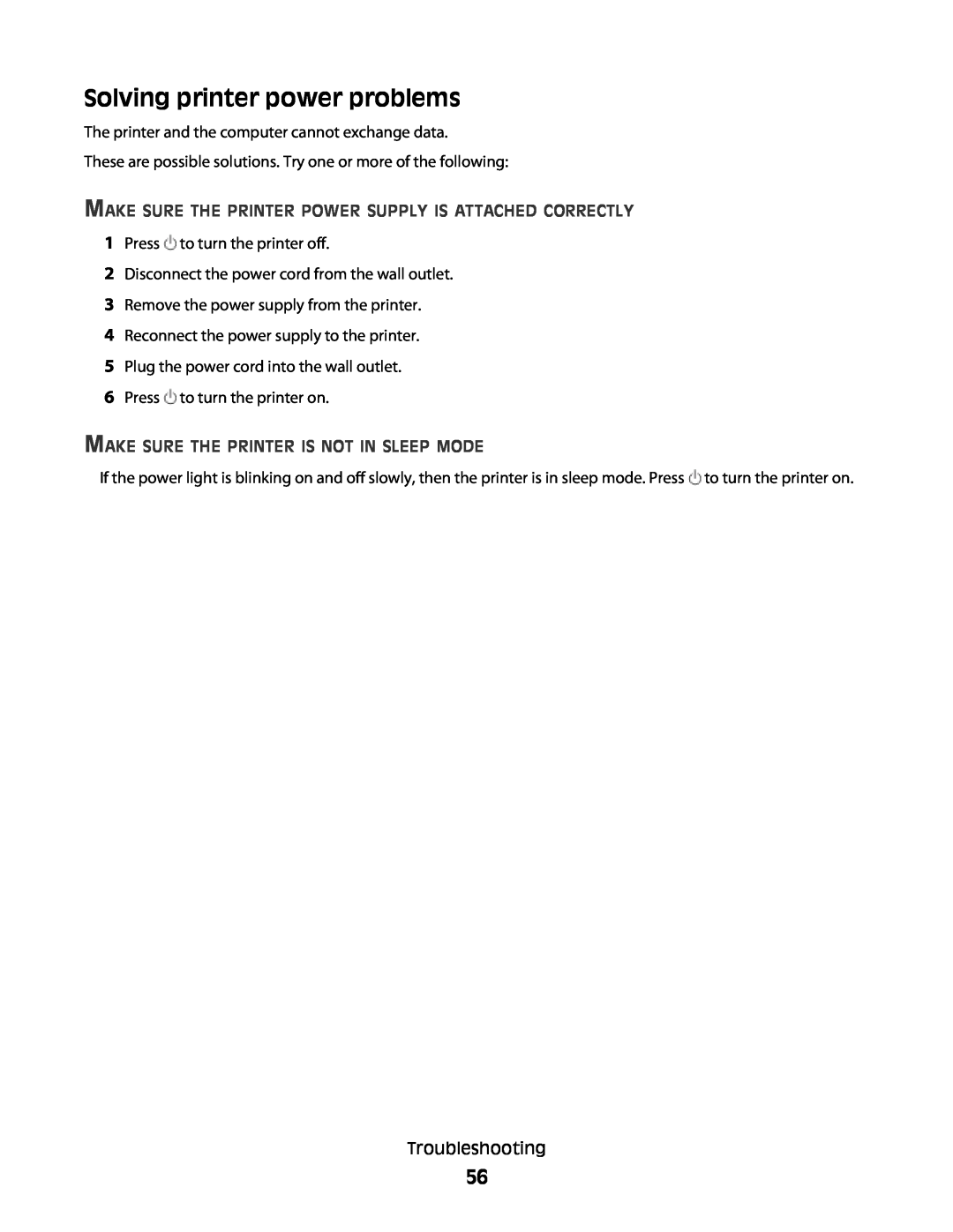 Lexmark 4433, 4445 manual Solving printer power problems, Make Sure The Printer Power Supply Is Attached Correctly 