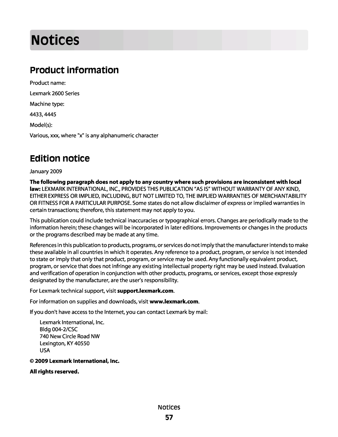 Lexmark 4445, 4433 manual Notices, Product information, Edition notice, Lexmark International, Inc. All rights reserved 