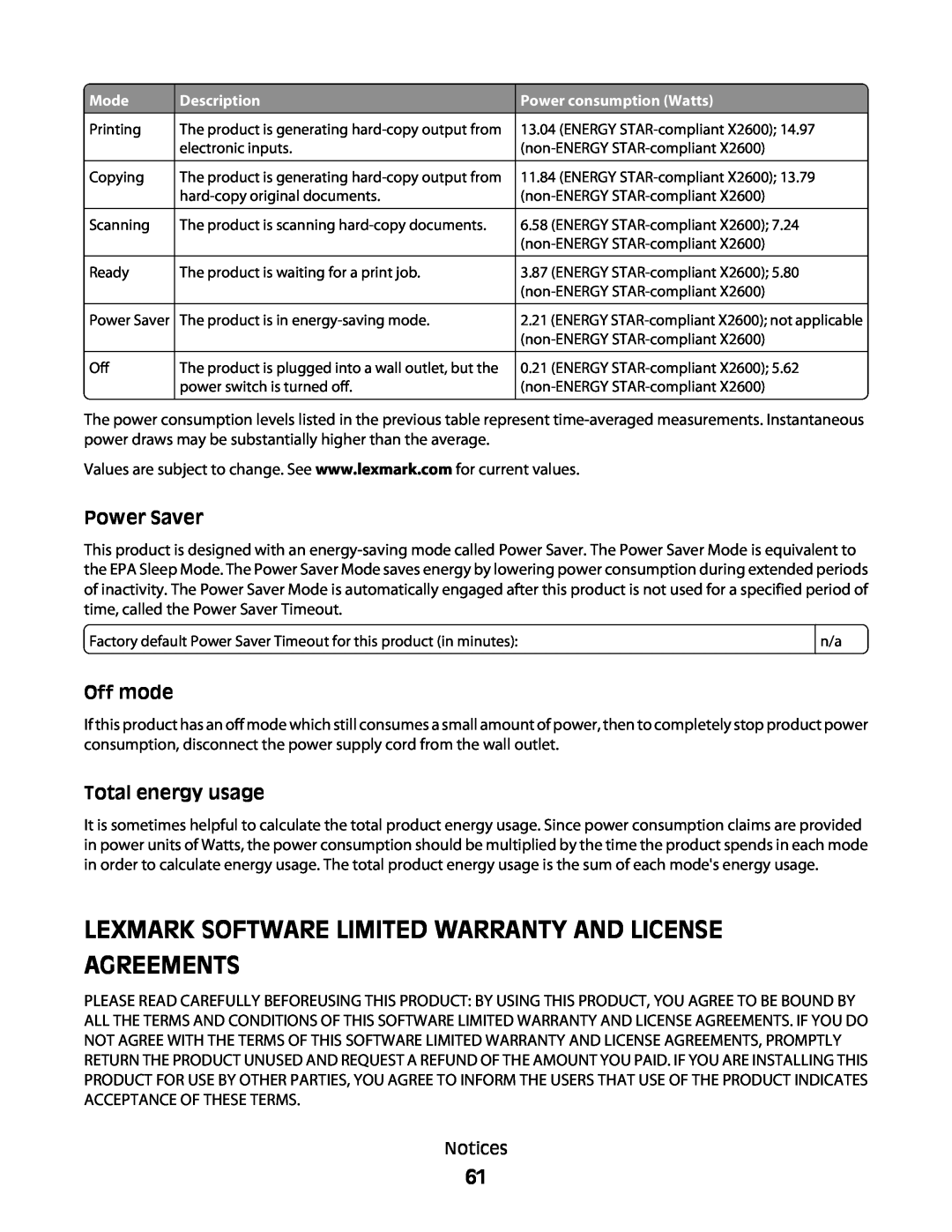 Lexmark 4445, 4433 Lexmark Software Limited Warranty And License Agreements, Power Saver, Off mode, Total energy usage 