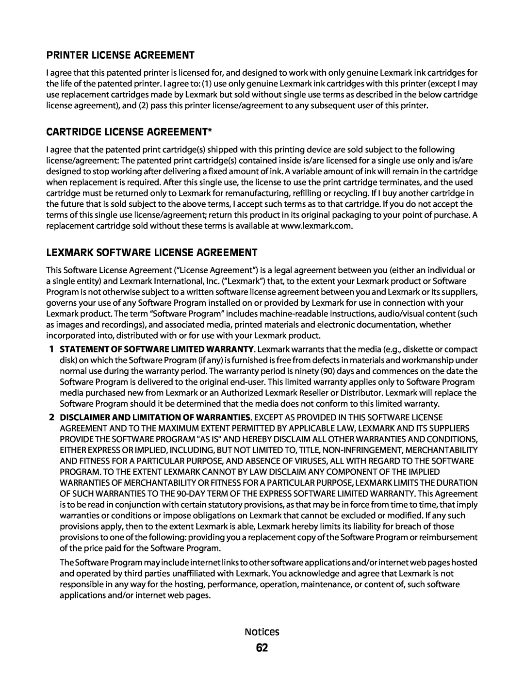 Lexmark 4433, 4445 manual Printer License Agreement, Cartridge License Agreement, Lexmark Software License Agreement 