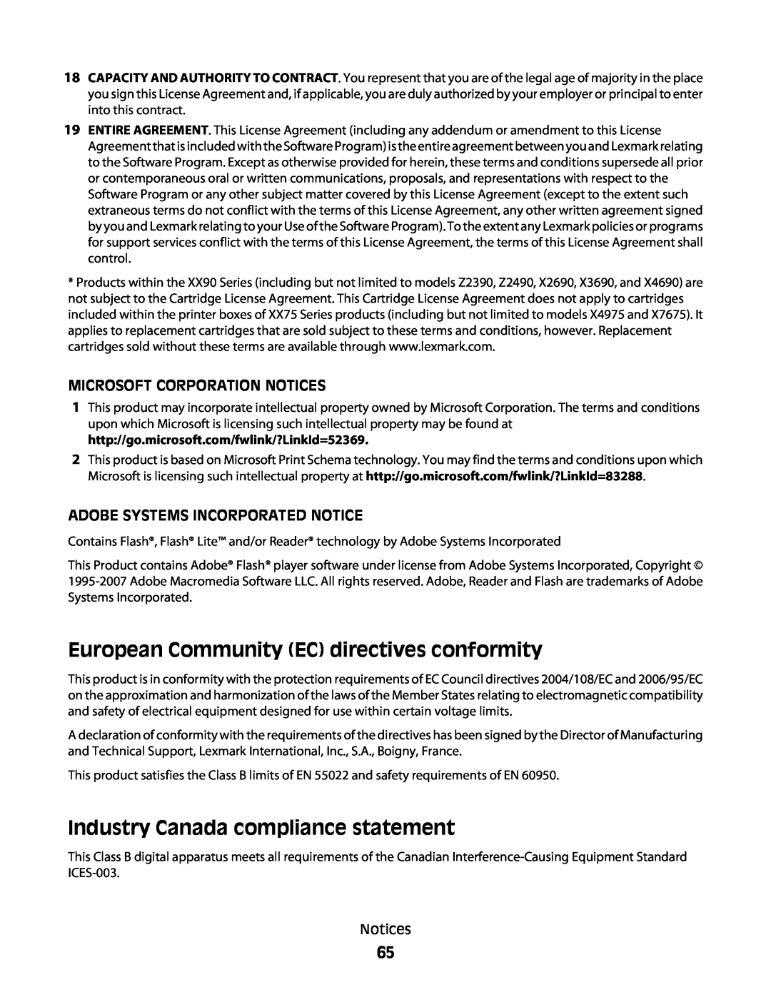 Lexmark 4445, 4433 manual European Community EC directives conformity, Industry Canada compliance statement 