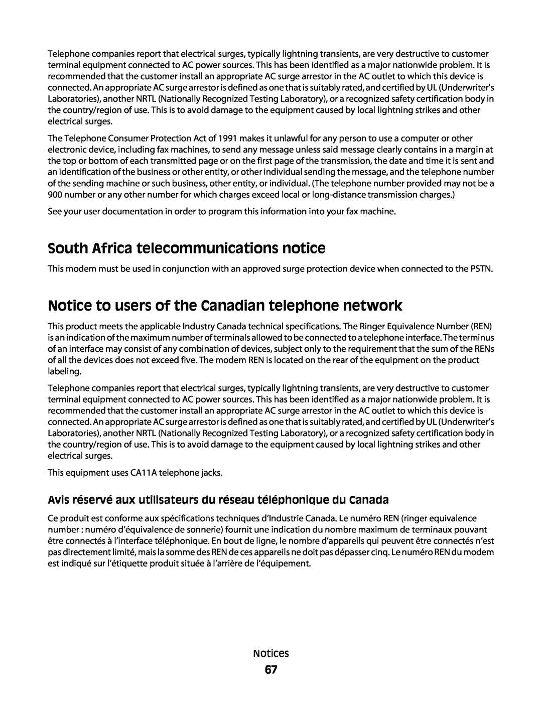 Lexmark 4445, 4433 manual South Africa telecommunications notice, Notice to users of the Canadian telephone network 