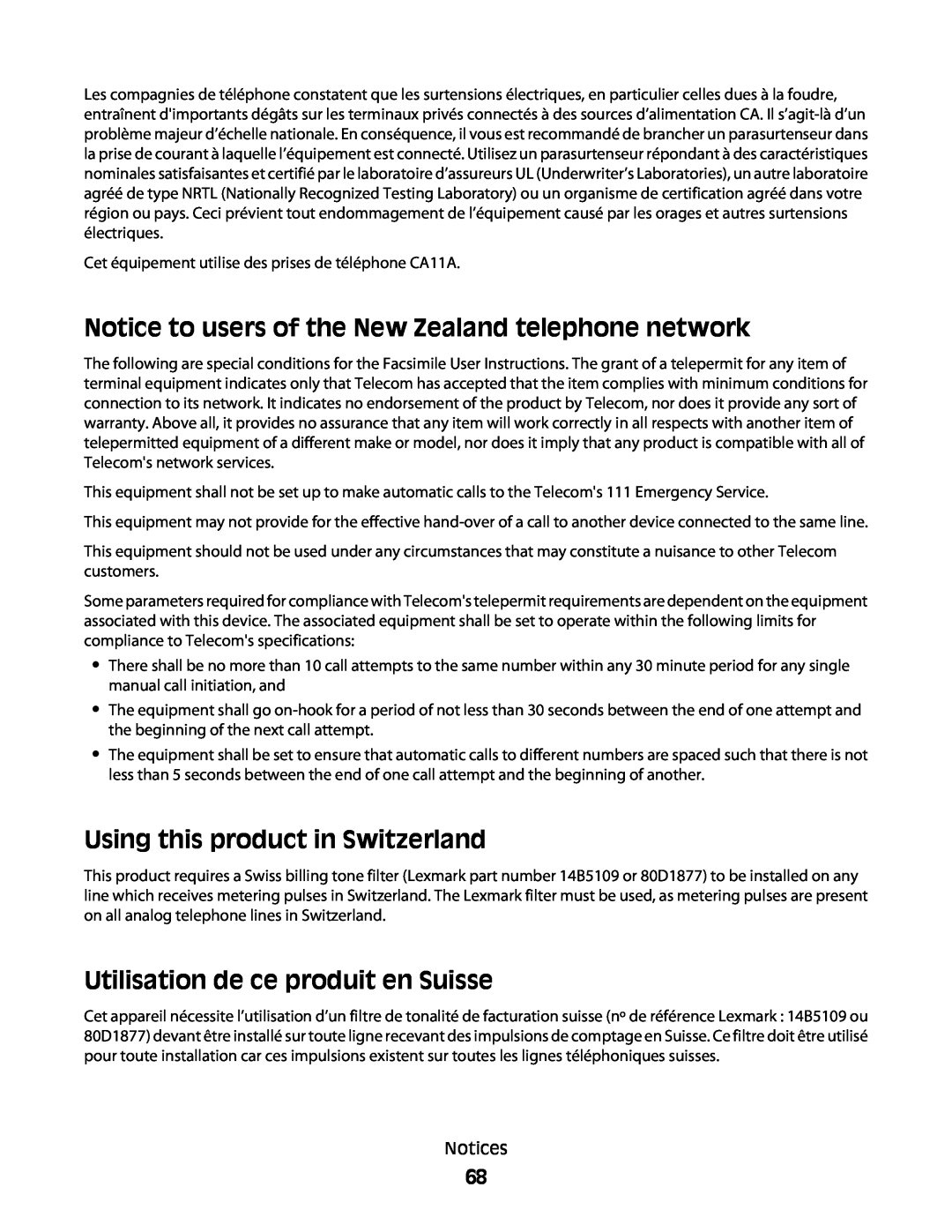 Lexmark 4433, 4445 manual Notice to users of the New Zealand telephone network, Using this product in Switzerland 