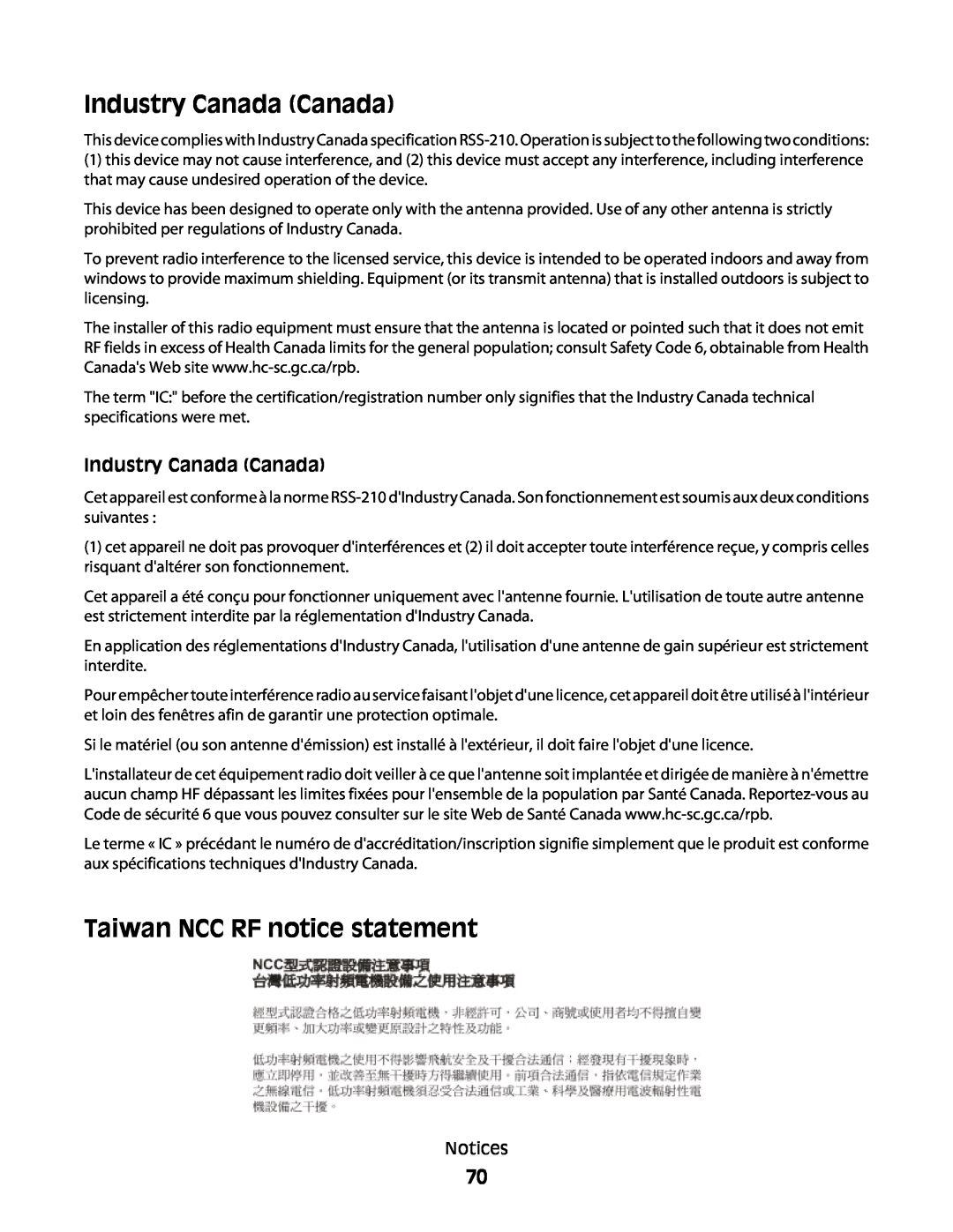 Lexmark 4433, 4445 manual Industry Canada Canada, Taiwan NCC RF notice statement 