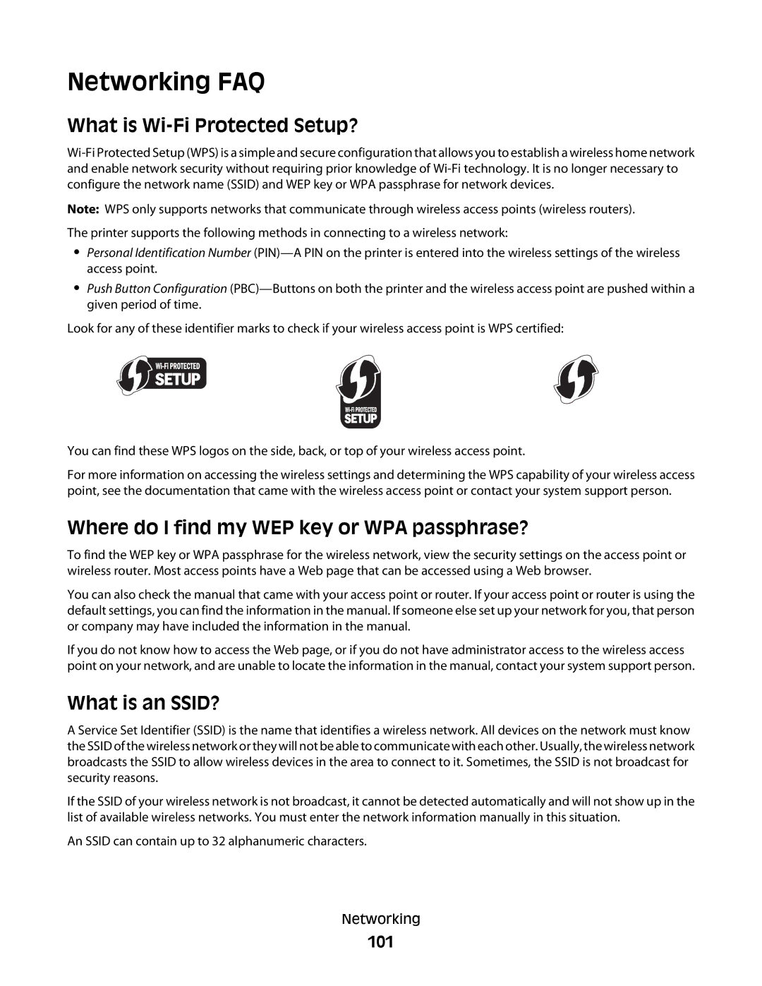 Lexmark 90T6005, 4443 Networking FAQ, What is Wi-Fi Protected Setup?, Where do I find my WEP key or WPA passphrase?, 101 