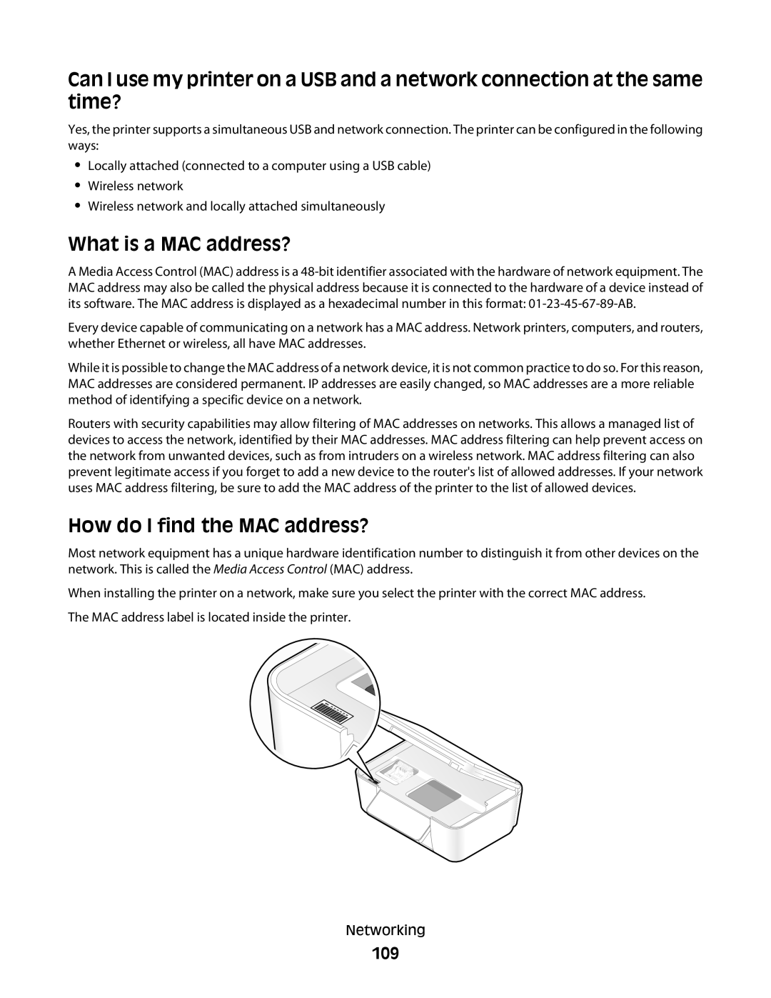 Lexmark Pro200, 4443, 90T6005, 2WE, 2W2 manual What is a MAC address?, How do I find the MAC address?, 109 