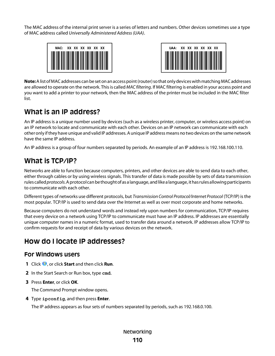 Lexmark 4443, 90T6005, 2WE, 2W2, Pro200 manual What is an IP address?, What is TCP/IP?, How do I locate IP addresses?, 110 