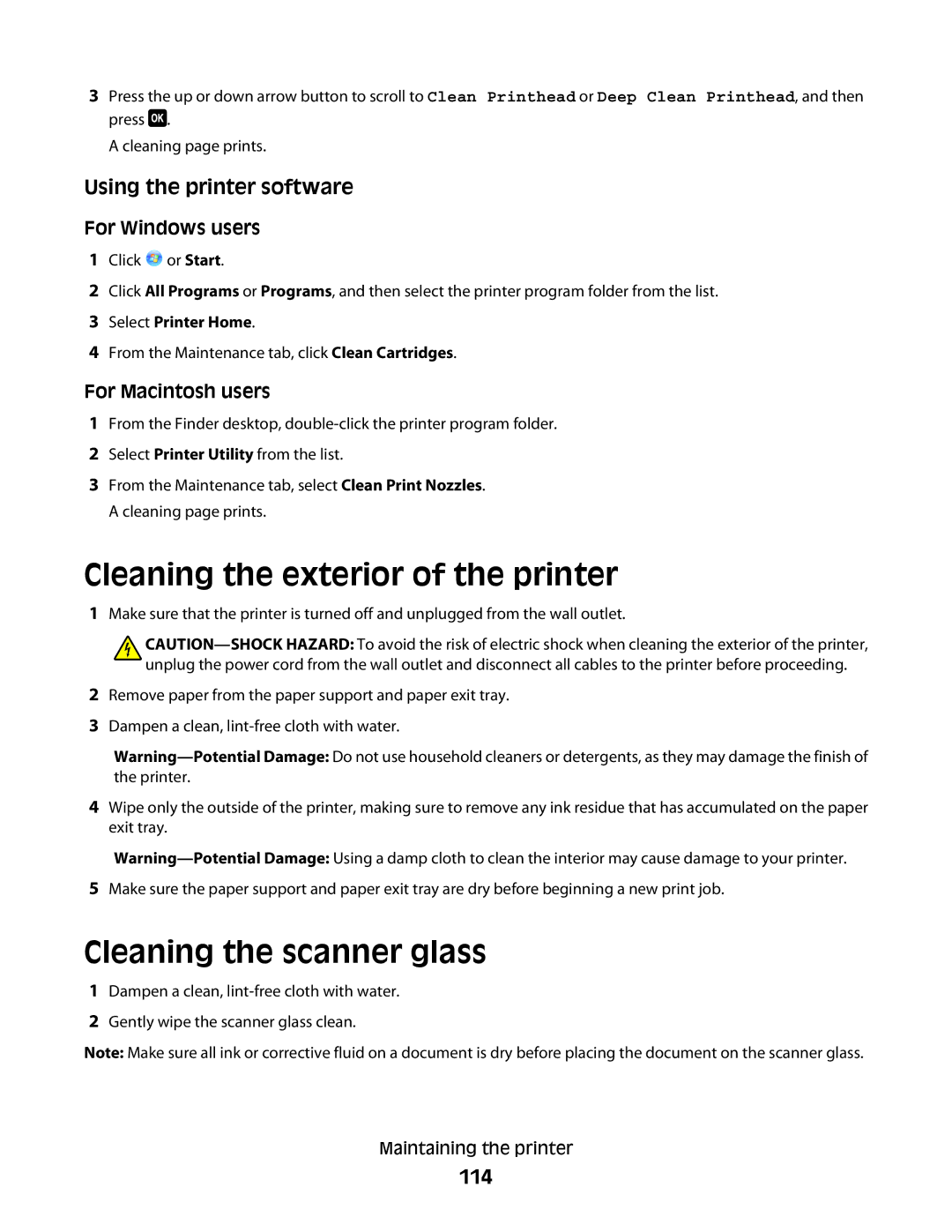 Lexmark Pro200, 4443, 90T6005, 2WE, 2W2 manual Cleaning the exterior of the printer, Cleaning the scanner glass, 114 