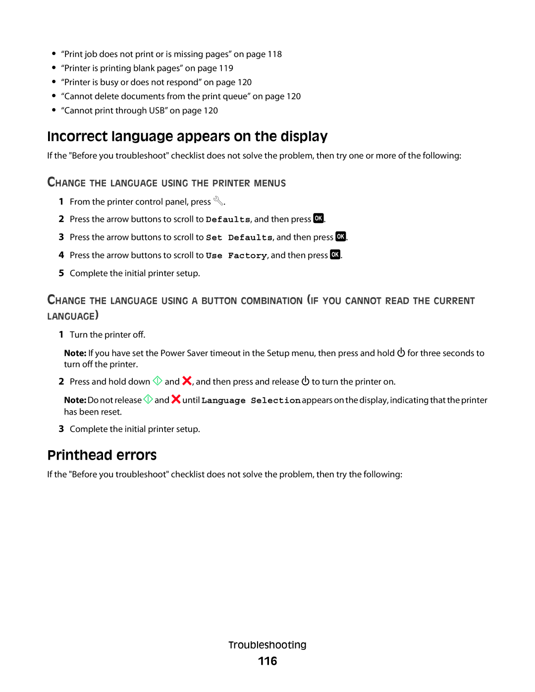 Lexmark 90T6005, 4443, 2WE, 2W2, Pro200 manual Incorrect language appears on the display, Printhead errors, 116 